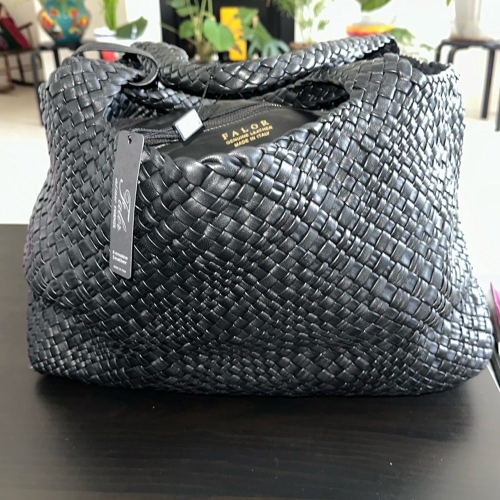 Falor Genuine Leather Woven Tote Black NWT Large Size